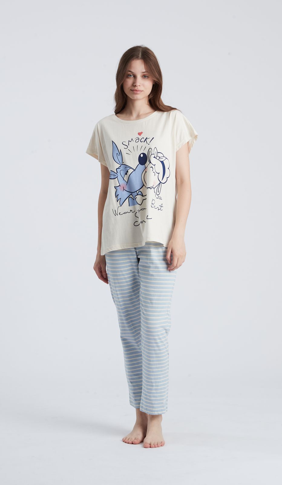 Pigiama girocollo MM con pantaloni lunghi Best Smile in 100% cotone per notti di comfort e stile assicurato